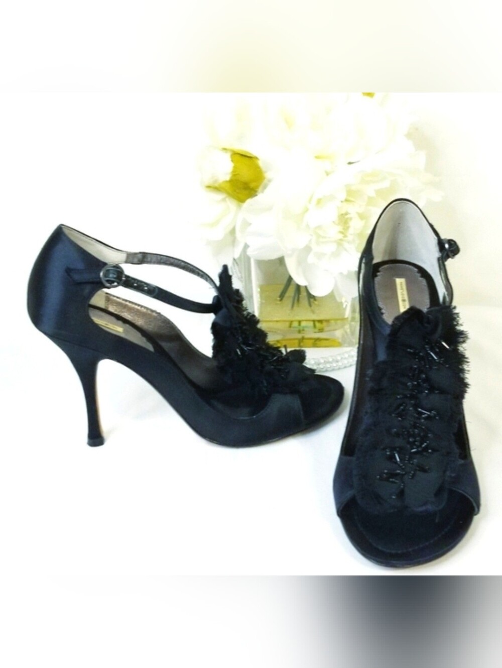 Max Studio Black Satin T-Strap Heels with Floral Bead Detail